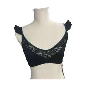 ASOS Black Floral Lace Bikini Top Size 4 Ruffle Strap Vneck Beach Swimwear